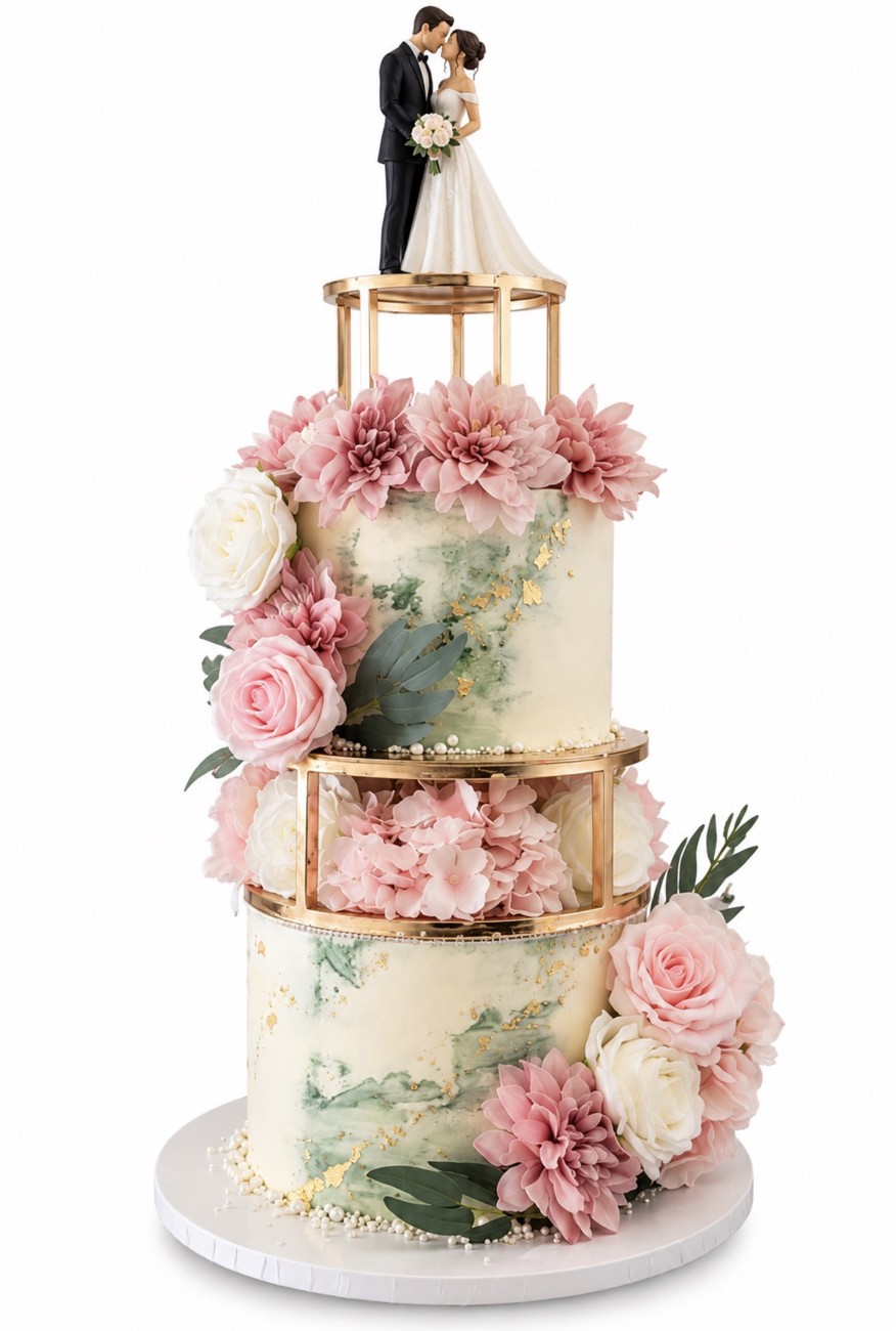 Floral wedding cake with gold spacers and pink roses